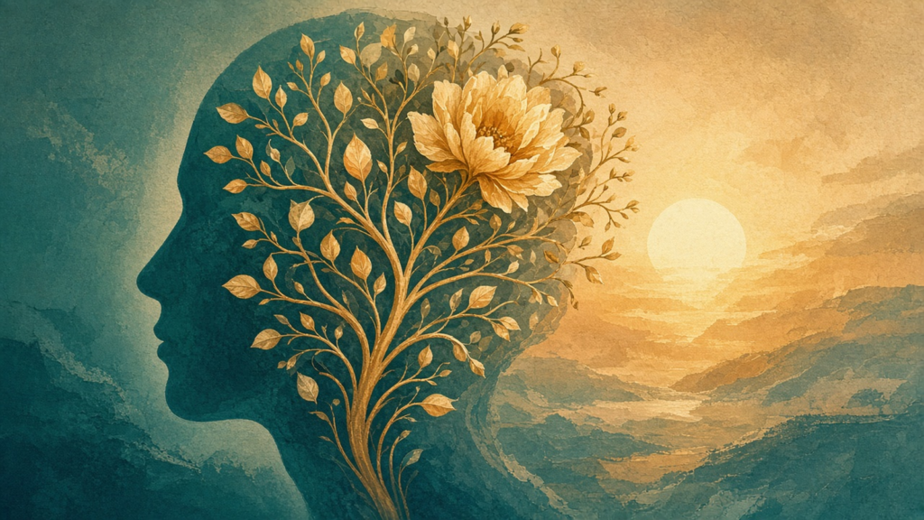 Silhouette of a head filled with golden branches and a blooming flower, against a teal and cream sunrise.