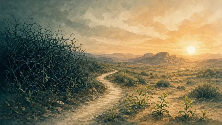 A winding desert path leading from tangled shadowy brush toward an open, sunlit West Texas horizon, with small sprouts along the way.