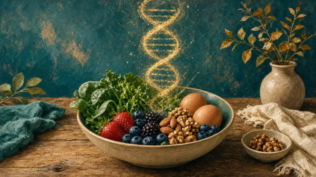 A bowl of leafy greens, berries, nuts and eggs on a wooden table, with a golden DNA strand rising above it.