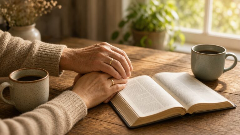 A couple's hands clasped on a wooden kitchen table beside an open Bible and two coffee mugs.